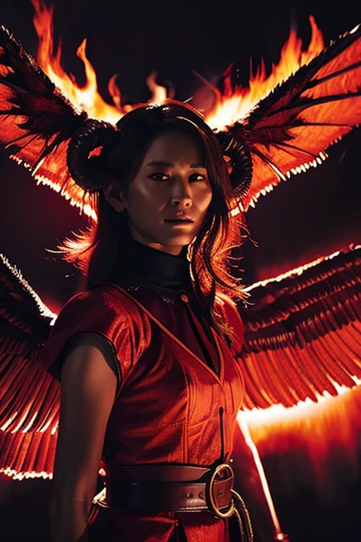 "Lilith with demonic wings and horns surrounded by fiery red light, In the dimly lit church、Surrounded by crackling lightning and swirling mist, Exudes an aura of darkness and mystery."