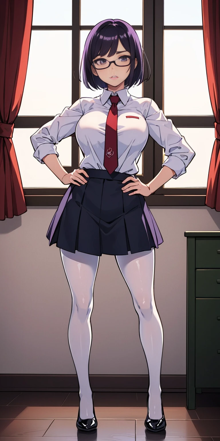 (high quality:1.1), cinemating lighting, extremely detailed,
Natsume, standing, hands on hips,
determined, clenched teeth,
purple hair, black hair, short hair, lips, purple eyes, glasses,
uniform, necktie, white shirt, skirt, pantyhose, shoes, 
large breasts, thighs, 
messy room, window, sky,