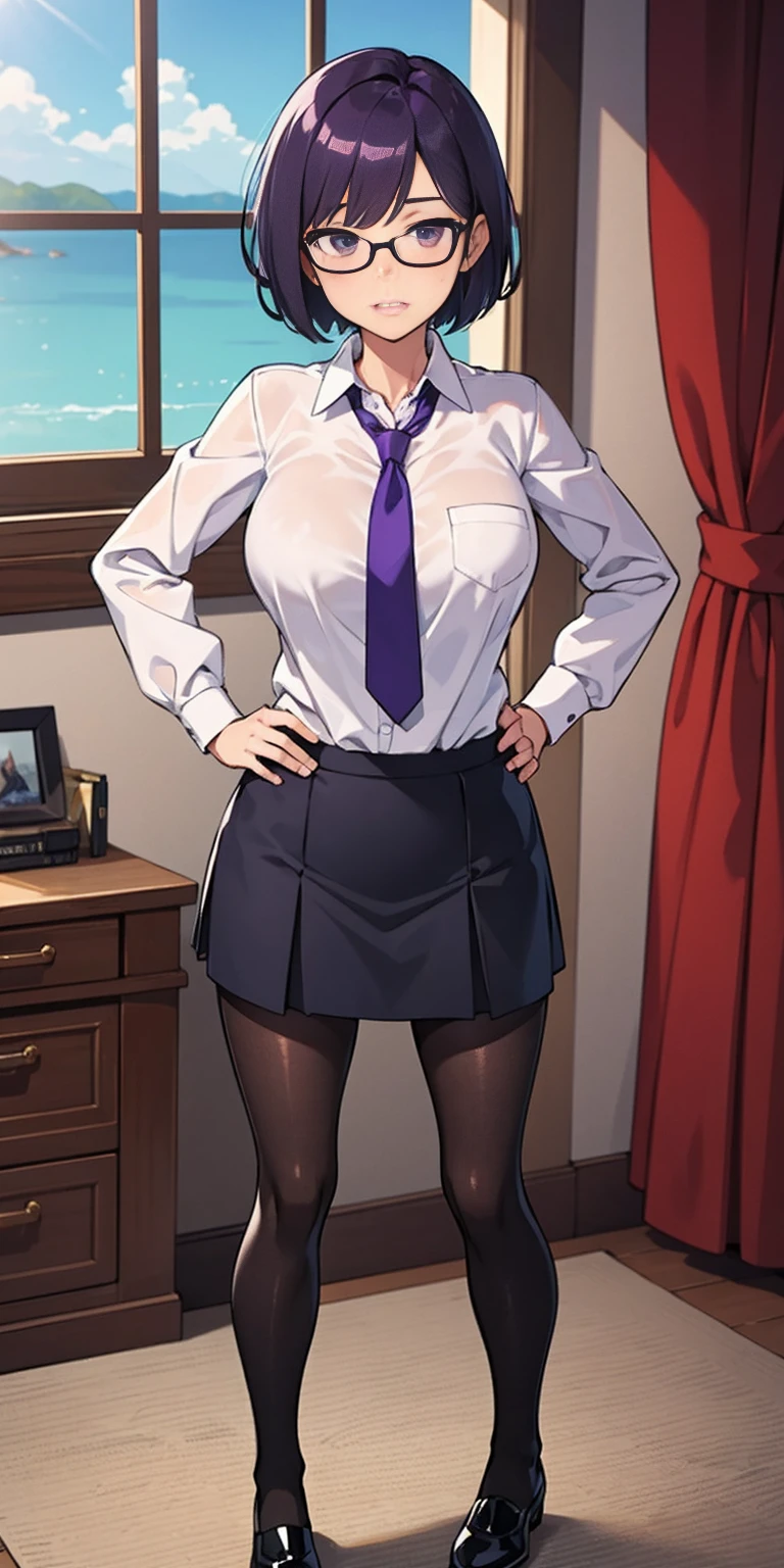 (high quality:1.1), cinemating lighting, extremely detailed,
Natsume, standing, hands on hips,
determined, clenched teeth,
purple hair, black hair, short hair, lips, purple eyes, glasses,
uniform, necktie, white shirt, skirt, pantyhose, shoes, 
large breasts, thighs, 
messy room, window, sky,