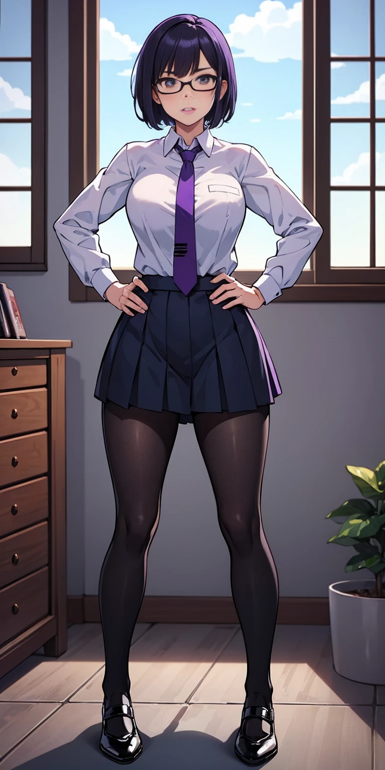 (high quality:1.1), cinemating lighting, extremely detailed,
Natsume, standing, hands on hips,
determined, clenched teeth,
purple hair, black hair, short hair, lips, purple eyes, glasses,
uniform, necktie, white shirt, skirt, pantyhose, shoes, 
large breasts, thighs, 
messy room, window, sky,