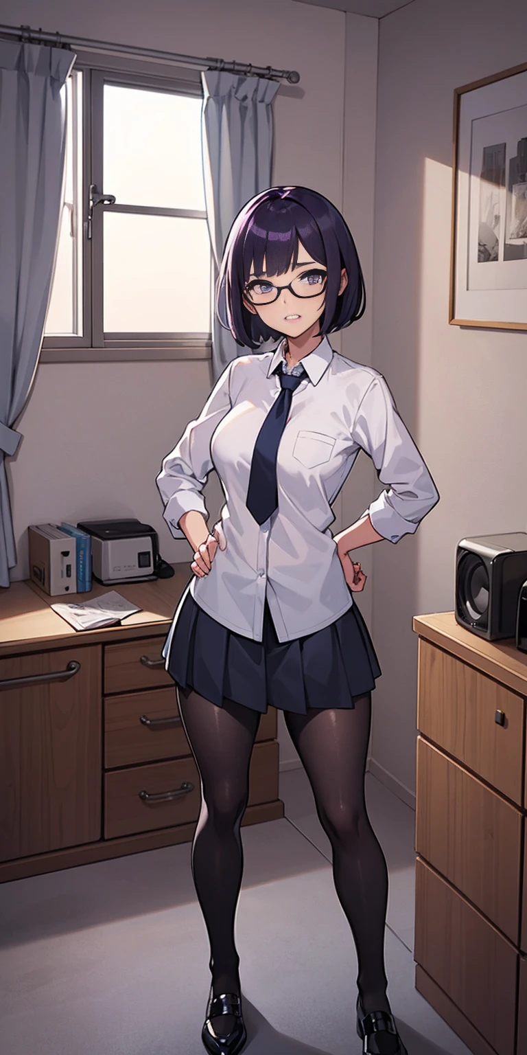 (high quality:1.1), cinemating lighting, extremely detailed,
Natsume, standing, hands on hips,
determined, clenched teeth,
purple hair, black hair, short hair, lips, purple eyes, glasses,
uniform, necktie, white shirt, skirt, pantyhose, shoes, 
large breasts, thighs, 
messy room, window, sky,