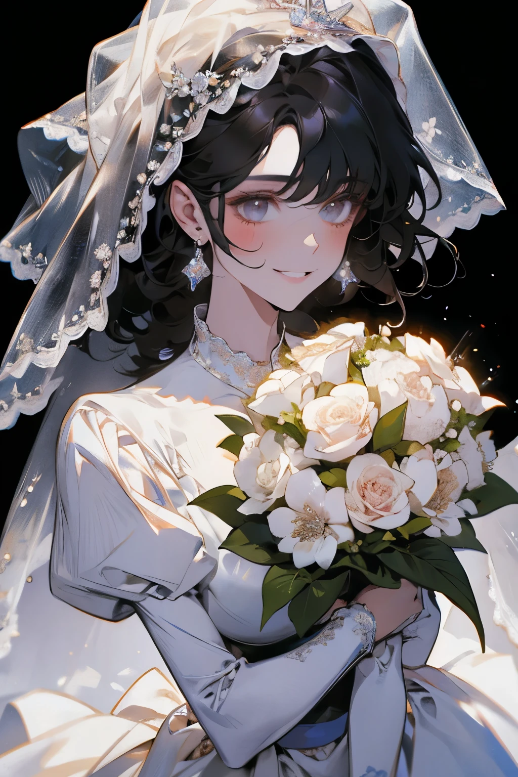 Wedding scene，The bride in a white wedding dress is walking towards me with a bouquet of flowers，Smiling slightly，Perfect face，Black Hair，Perfect face，Full body portrait