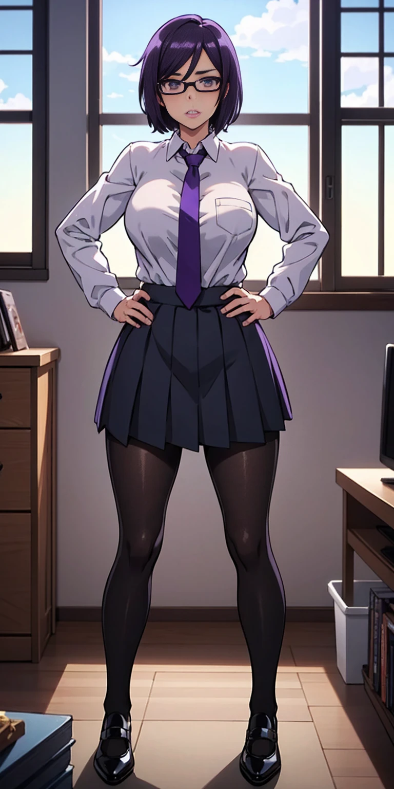 (high quality:1.1), cinemating lighting, extremely detailed, Natsume, standing, hands on hips, determined, clenched teeth, purple hair, black hair, short hair, lips, purple eyes, glasses, uniform, necktie, white shirt, skirt, pantyhose, shoes, large breasts, thighs, messy room, window, sky,