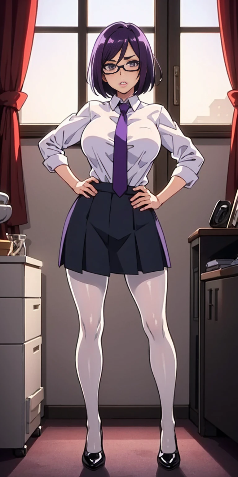 (high quality:1.1), cinemating lighting, extremely detailed, Natsume, standing, hands on hips, determined, clenched teeth, purple hair, black hair, short hair, lips, purple eyes, glasses, uniform, necktie, white shirt, skirt, pantyhose, shoes, large breasts, thighs, messy room, window, sky,