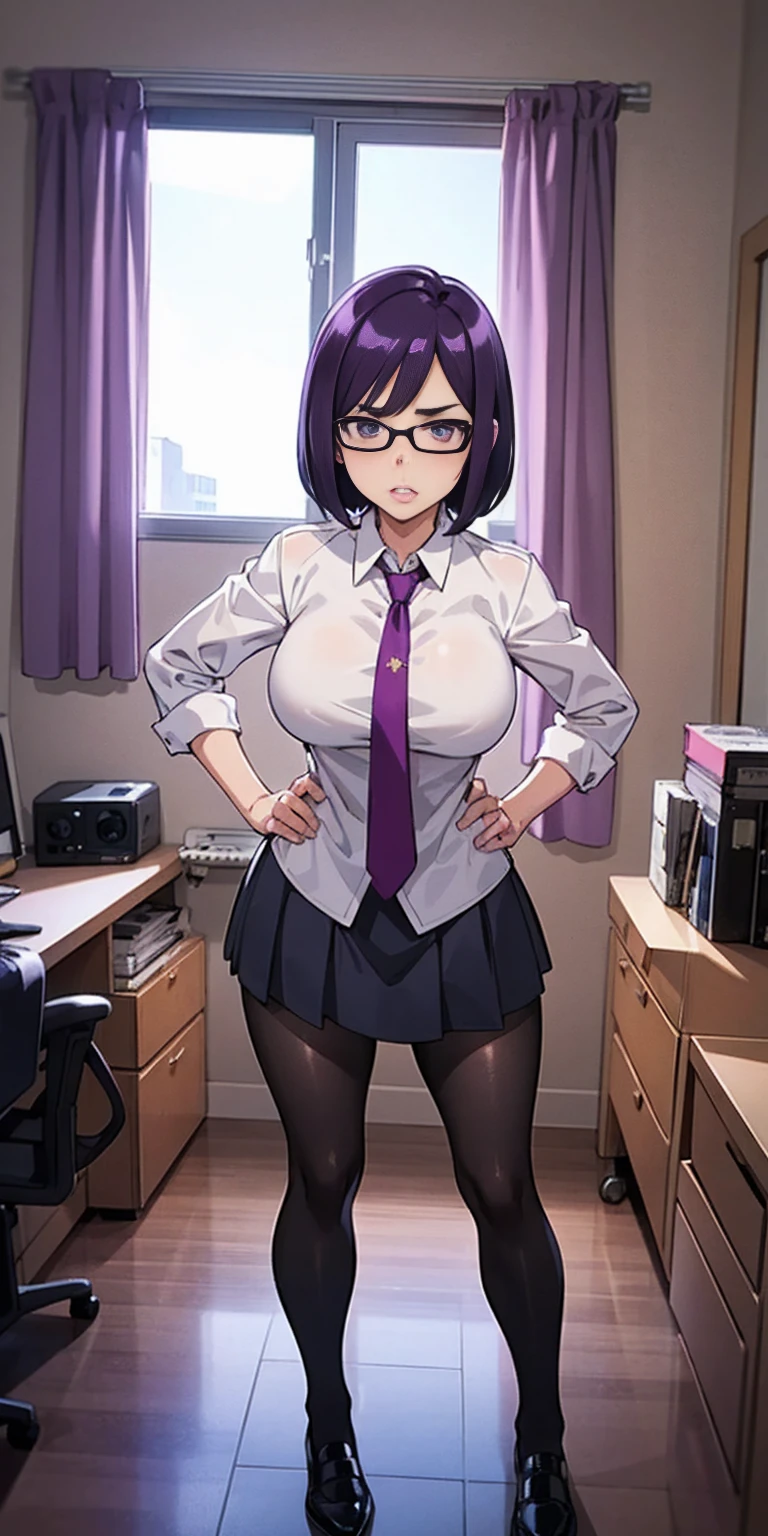 hiquality、 K、NSFW、((huge chest head)),fatness、thick thighs、 (Short hair, bob cut rack hair,Spread legs),(Arms behind your head),(Sweat)、despairing、(((I'm surprised)))、(nipple bulge)、((Light blue striped panties))、white tee、Office room、Standing、Dynamic Angle、back glasses rom)))