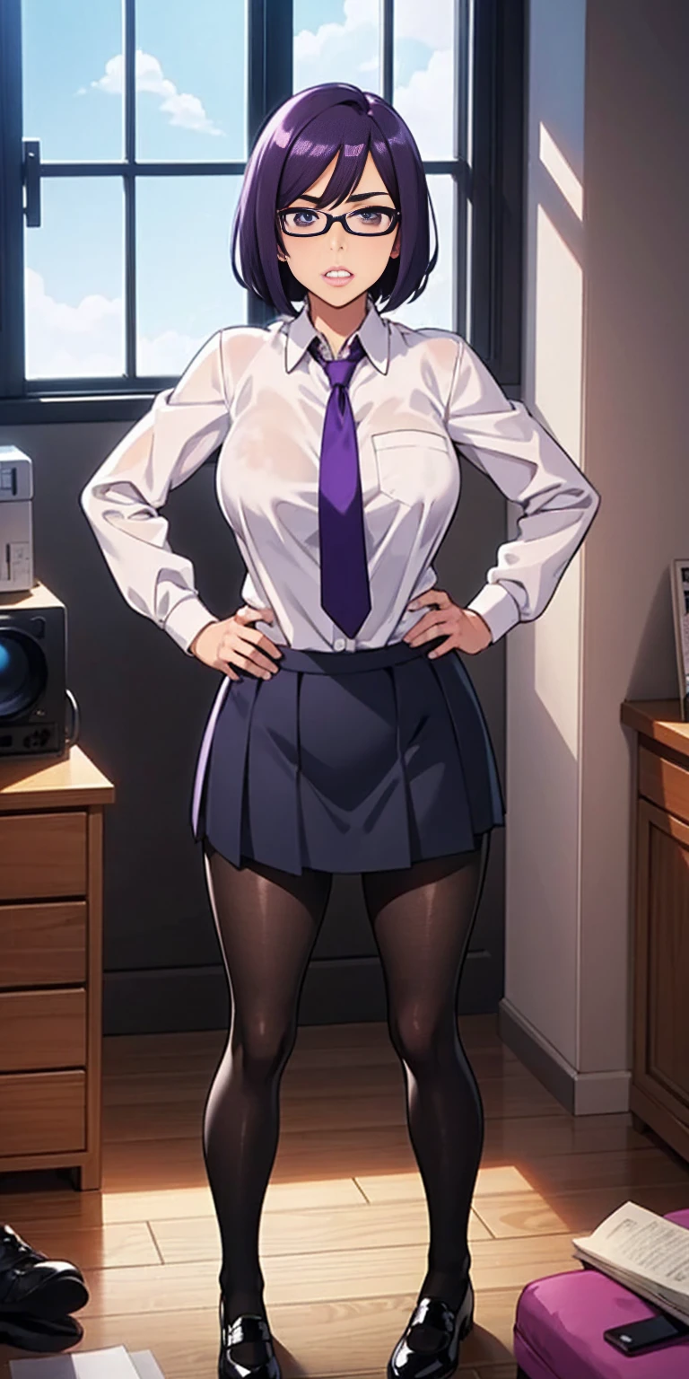 (high quality:1.1), cinemating lighting, extremely detailed, Natsume, standing, hands on hips, determined, clenched teeth, purple hair, black hair, short hair, lips, purple eyes, glasses, uniform, necktie, white shirt, skirt, pantyhose, shoes, large breasts, thighs, messy room, window, sky,