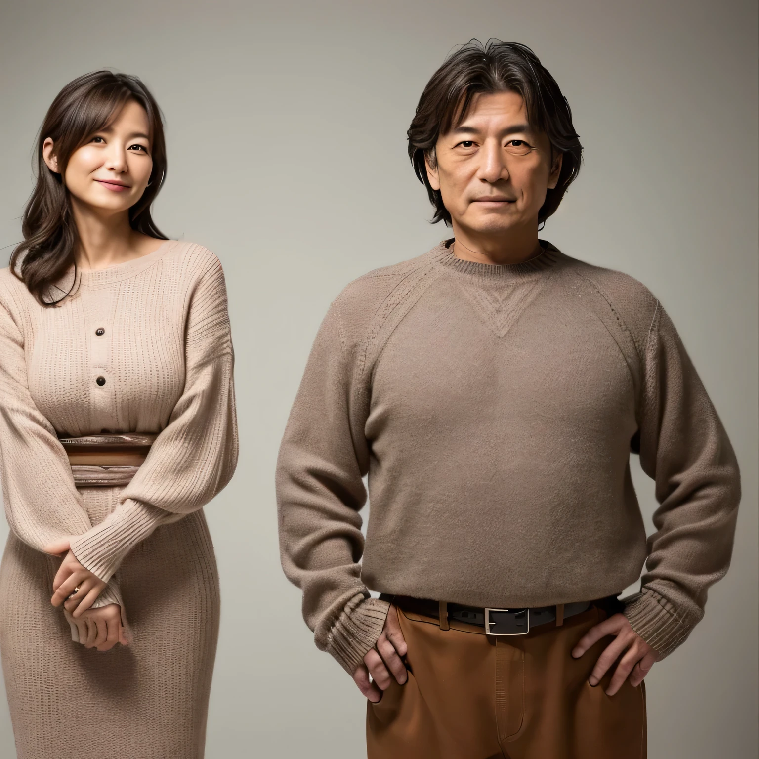 High resolution, high resolution, High detail, masterpiece, Rough skin, sharp, Gray background((A 62-year-old Japanese man and a 40-year-old Japanese woman)), ((Facial wrinkles)), Shapely large breasts, Straight light brown hair that reaches the shoulders, Chubby body type (((Stand upright, Facing the center of the screen.))), sweater, skirt, ((Cowboy Shot)),smile,