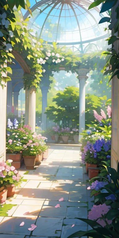 (highest quality, masterpiece, Super realistic), Indoor Botanical Garden, dome, lots of flowers, dense clump of plants, The background scenery is a garden with petals and puffs flying around.. --v6