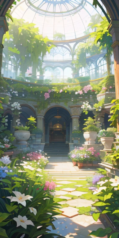 (highest quality, masterpiece, Super realistic), Indoor Botanical Garden, dome, lots of flowers, dense clump of plants, The background scenery is a garden with petals and puffs flying around.. --v6