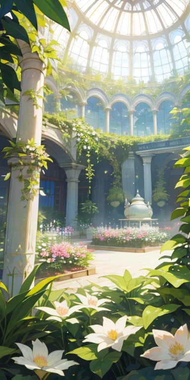 (highest quality, masterpiece, Super realistic), Indoor Botanical Garden, dome, lots of flowers, dense clump of plants, The background scenery is a garden with petals and puffs flying around.. --v6