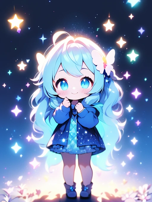 Face Focus, masterpiece, highest quality, girl，Looking up，Sparkling and colorful, Sparkling butterfly，Twinkle Star，shining heart，Night Background, fire Fly, Particles of light, alone, Twin-tailed light blue hair, Aqua Eye, Cute Smile，Are standing, Pixiv, Written boundary depth, Structure of the film, Best lighting, look up