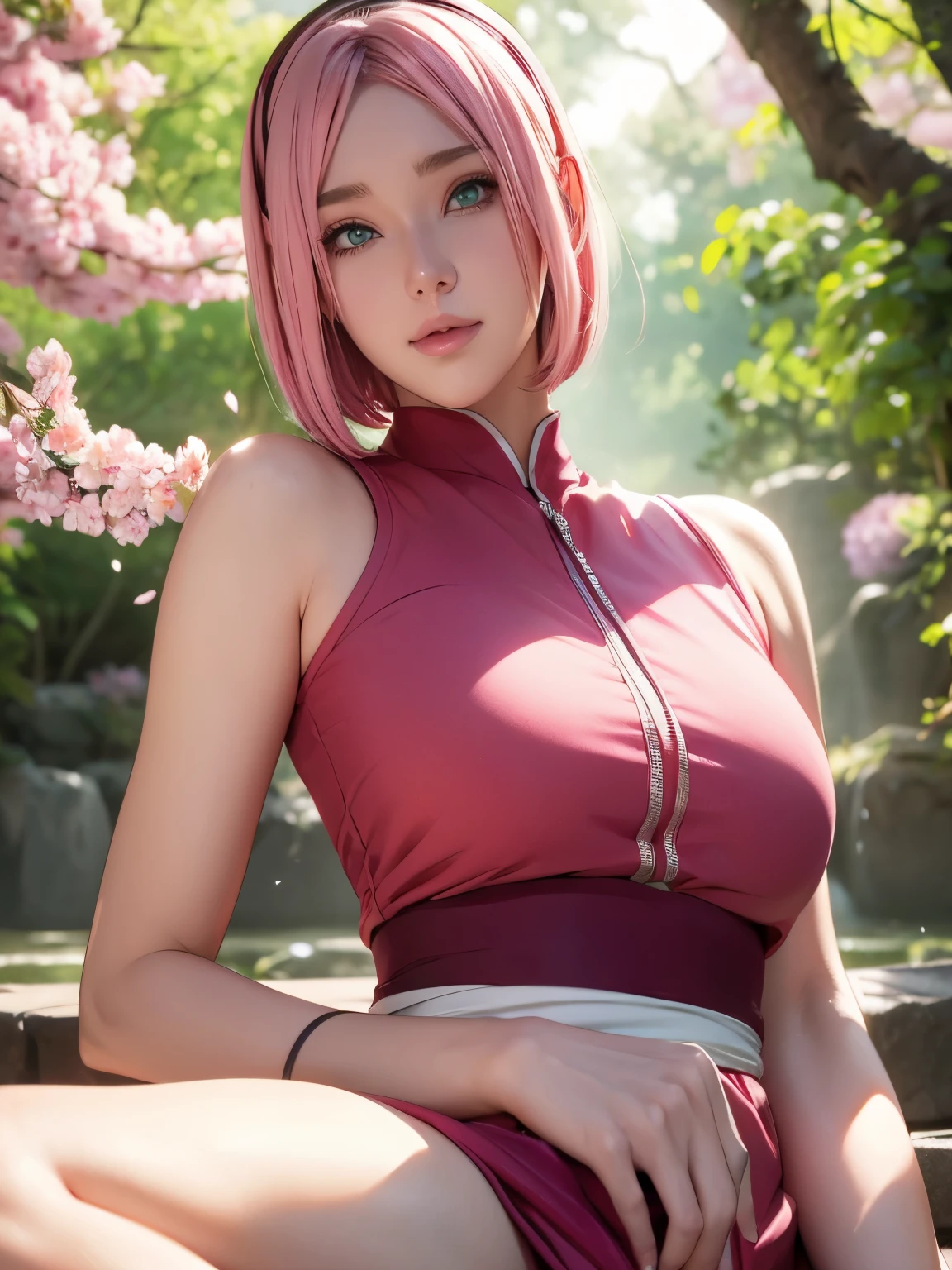 haruno sakura, naruto \(series\), naruto shippuuden, 1girl, accurate konohagakure symbol, bangs, breasts, closed mouth, elbow sleeve, eyes visible through hair, floating hair, forehead protector, foreshortening, green eyes, hair intakes, hairband, looking at viewer, parted bangs, pink hair, red shirt, shirt, short hair, sleeveless, sleeveless shirt, medium breasts, solo, upper body, v-shaped eyebrows, ((masterpiece)),  (best quality, highres:1.2), 1girl, beautiful detailed eyes, beautiful detailed lips, extremely detailed eyes and face, long eyelashes, HDR, studio lighting, sharp focus, physically-based rendering, extreme detail description, portraiting breasts, perfect shape, facing viewer, sweaty, gorgeous, appearing in full frame, good-looking, Beautiful fair skin and luster, Beautiful eyes are big and bright, Small mouth and thin lips, Goodness of style and slendernes), beautiful girl illuminated by seven colors of light, Irridescent coloe, showing off her figure, seductive and confident, enchanting aura, surrounded by cherry blossom trees, delicate and vibrant petals falling all around her, soft pink and white colors, sunlight filtering through the trees, creating a warm and dreamy atmosphere, show nipples, big breasts, show vagina, spread legs..