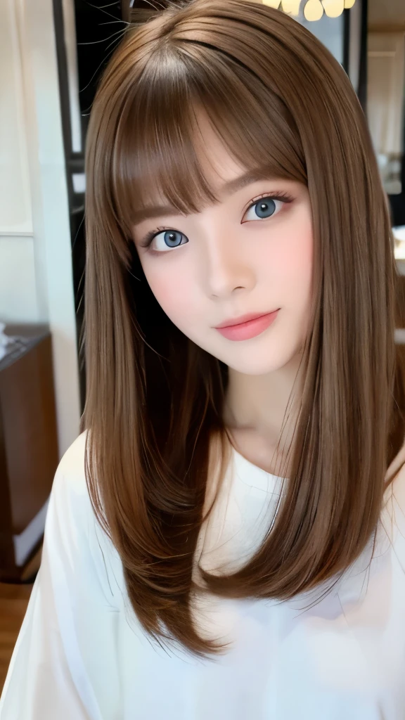Best quality, 8k, ,Masterpiece :1.3)), facing viewer,((full body1.2)) ,pretty woman, wide shot ,1girl, , selfie , , Hair salon, brown hair , bangs,ultra-detailed face, highly detailed lips, detailed eyes, double eyelid