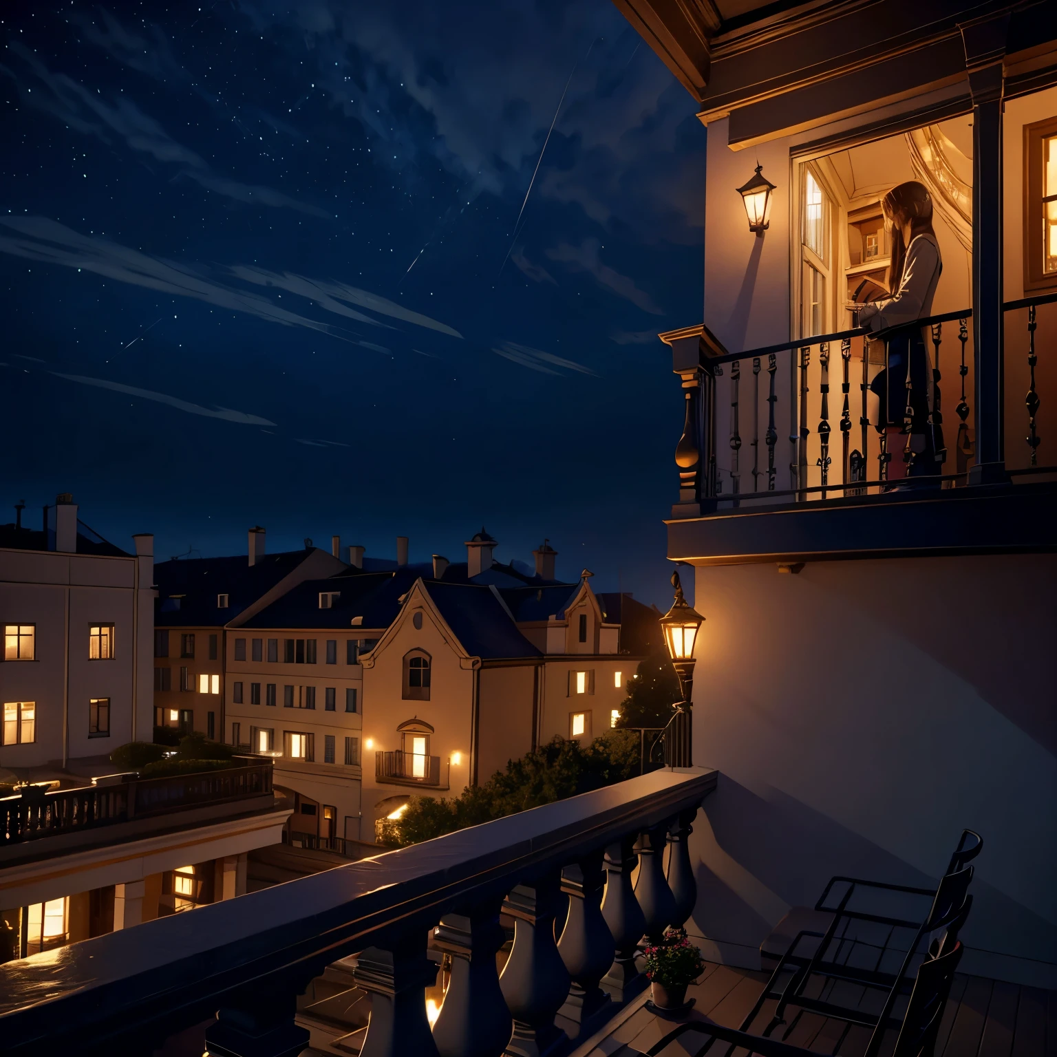 (((((Small balcony))))),There is a cool breeze,Surrounded by railings,Scenes,No oneScenes,beautiful,sav art,in the evening,((((European)))),on the balcony,night night,No one,No one