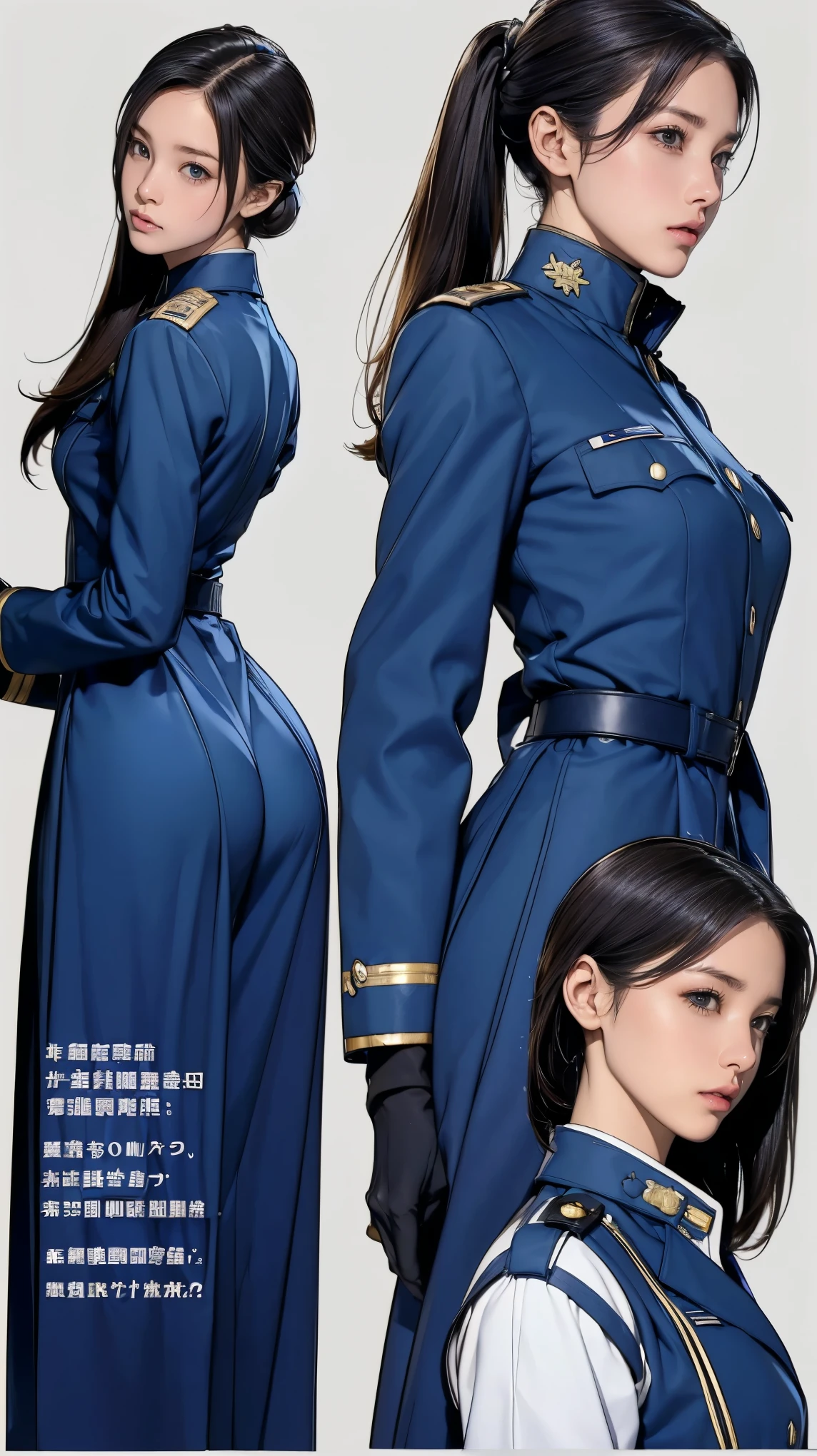 ((masterpiece)),(((highest quality))),((Reference Sheet, Character Design, front, return, ~ ~ ~ side, Mr...々Hairstyle, Mr...々performance, Facial Expressions)), 14-year-old girl, Cute type, (Very slim:1.4), (Very small ass:1.4), Realistic buttocks, Mid-chest, Blonde ponytail:1.2,Thin thighs, Long legs, It's not a big deal,(A female Earth Federation officer is walking), (Wearing Earth Federation military uniform, White and dark grey uniform),(Worn by federal government employees'White Hat:1.5)