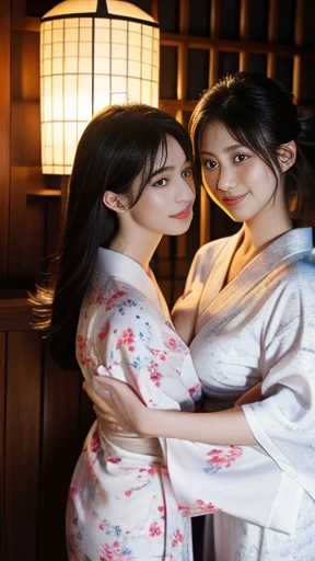 8k，highest quality，Ultra HD，Masterpiece，Vivid images，(Two women), (32 years old), (Beautiful detailed white skin，Detailed beautiful eyes), (Two very beautiful Japanese women), Huge breasts，Big Breasts，(Big soft saggy breasts )，(120cmＪCup Breast)，((yukata)), Sexy Body,  A realistic and authentic Japanese inn, Dark Light, at night, Passionate embrace and breast rubbing, Lesbian couple，Full body portrait