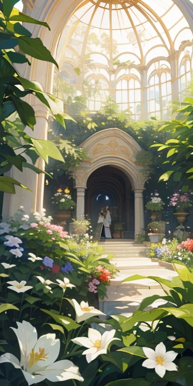 (top quality, masterpiece, ultra-realistic), indoor botanical garden, dome, lots of flowers, background landscape is a garden with petals and papas flying around, night. --v6