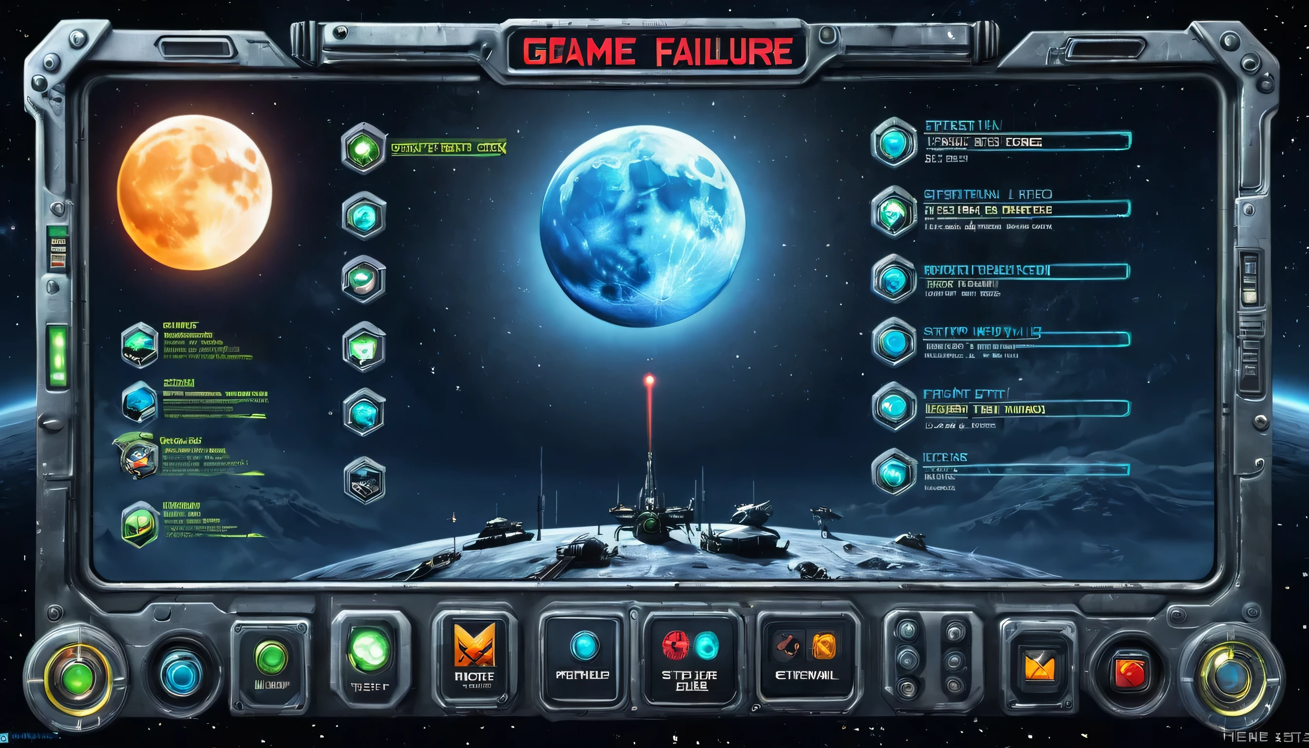 Game UI,Game failure screen,Game failed display,Moon survival games,There is a return menu,restart,Exit etc. buttons,Sci-fi style