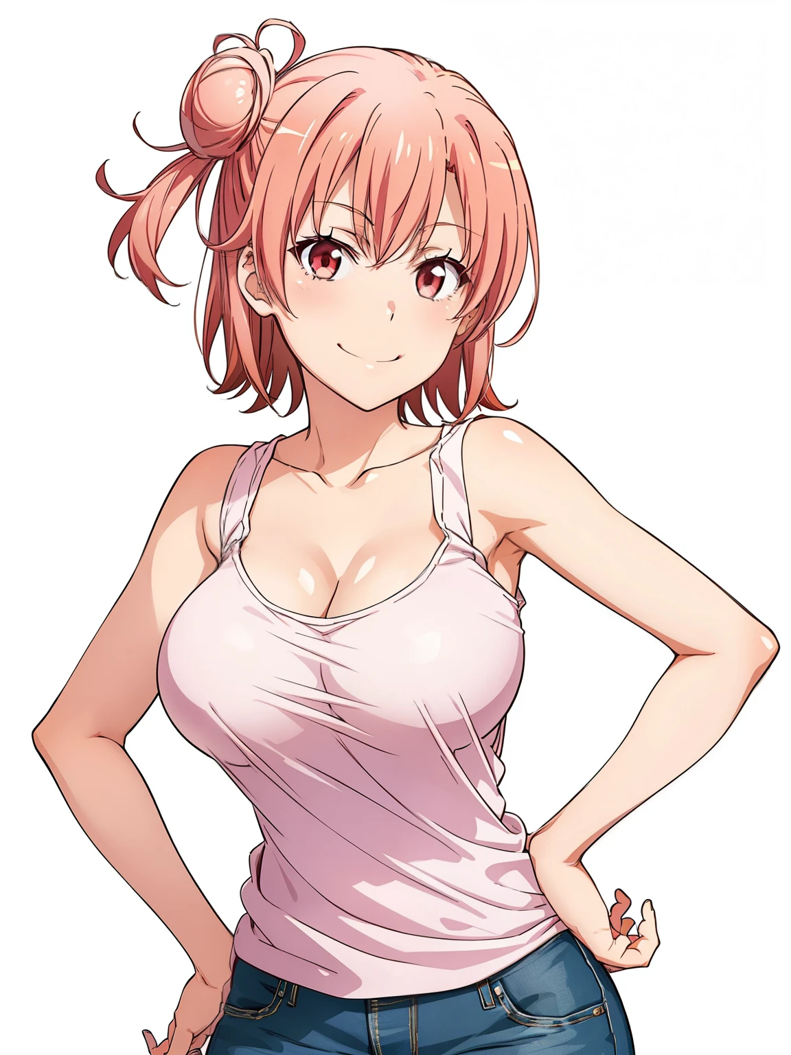 ((masutepiece, Best Quality, hight resolution, nffsw, Perfect Pixel, depth of fields, 4K, )), 1girl in, Solo, , Beautiful anime girl, Beautiful Art Style, close up, Looking at Viewer, Perfect body, Yuigahama Yui, Short hair, pink hair, hairbun, (large boob), cleavage, white tank top, jeans, smiling, winking, one eye open, hands on hips, blank white background, cowboy shot