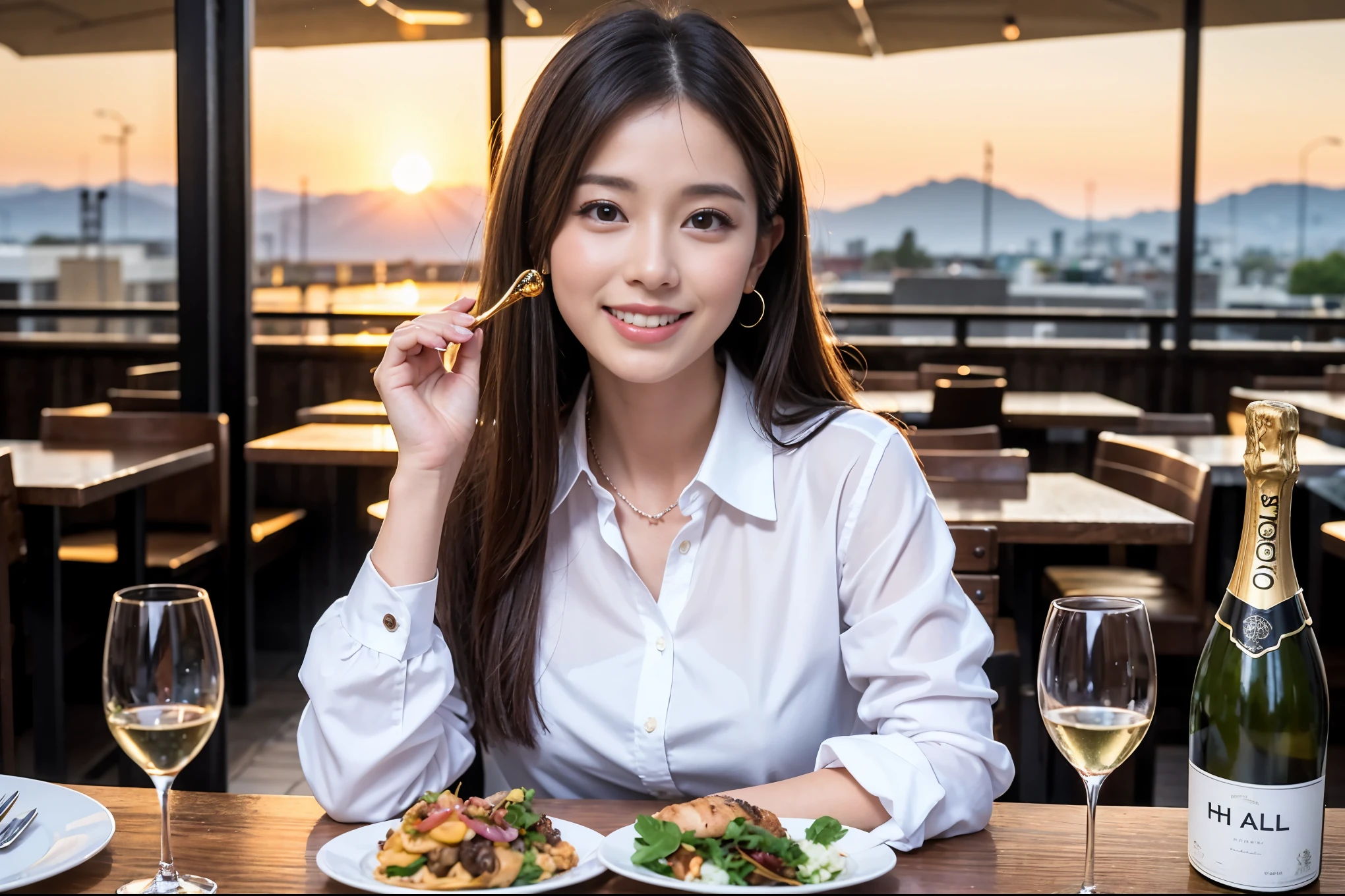((highest quality、8k、masterpiece:1.3))、1 male 1 female、A lover who resembles Satomi Ishihara、Beautiful couple、smile、full-course dinner、 (Slim face), (the body is スリム), (Brown Hair), (Shortcuts), ((Bob Hale、Straight hair:1.2)), テーブルの上のwine glass、Please shine a light on my face、 Amazing view of the sunset sky and clouds、 (42 years old), 39 years old, red wine 、Appetizers、Italian food、Wine bottle、Champagne、sparkling wine、Long sleeve shirt、dress、Attractive beauty、restaurant, Nova Frog Style, actress, model, Upper Body, White wine, red wine, wine glass,