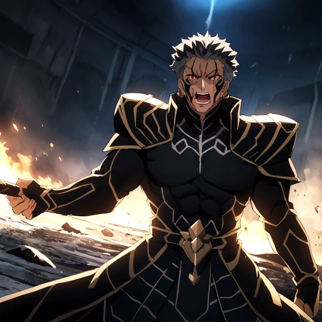 (obra maestra, Calidad superior, mejor calidad, arte oficial) Lancer(solo) holding his spear in battle pose with an aggressive expression on his face