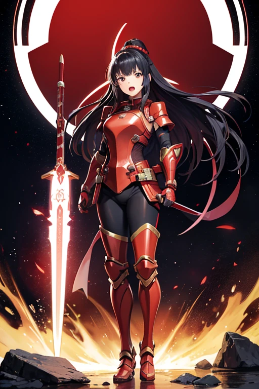 Anime drawings、Full body portrait、Space SF Armored Warrior、A female samurai wearing red armor, standing upright, about 165cm tall, about 23 years old、Bullish expression、Open mouth and screaming、Hairstyle is semi-long straight、Black Hair、Arm guard、Leggers、Big red ribbon on head