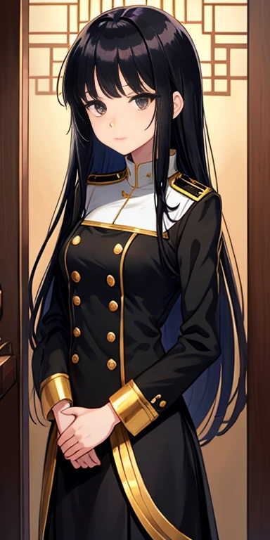 anime girl, all black uniform, gold buttons, long skirt, long black hair with bangs, black eyes, beautiful, small breasts, stoic, slender, calm, gold lines on skirt intricate, tori gate background