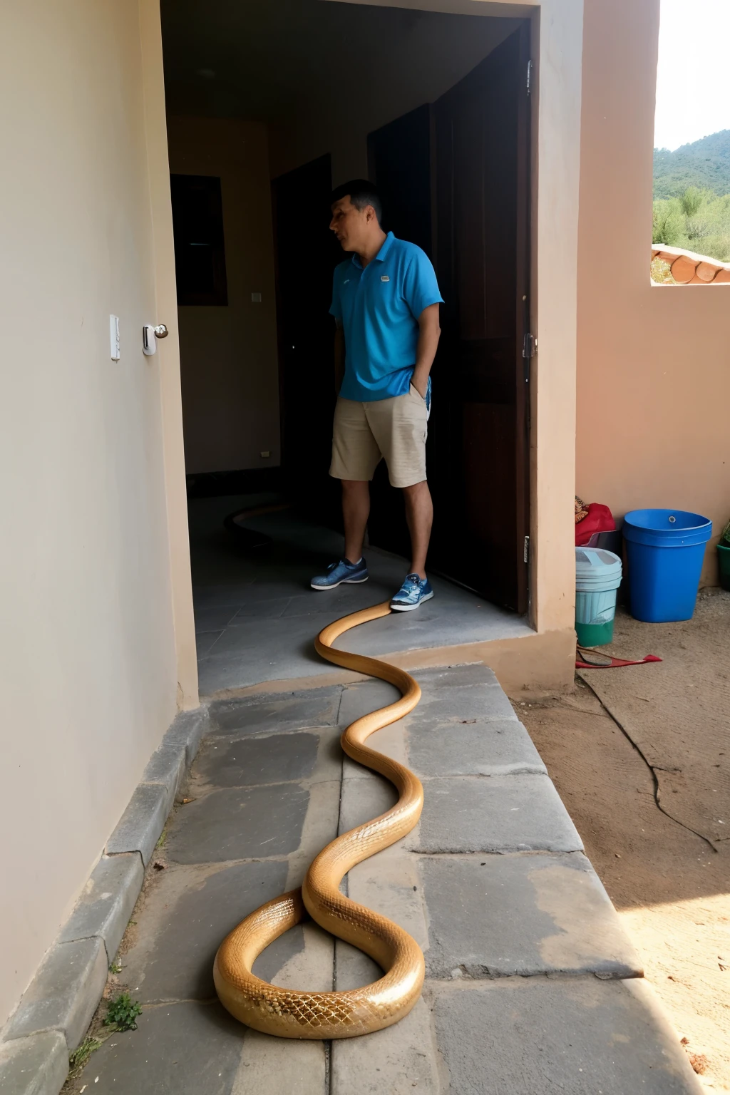 This morning, A five-foot snake appeared on the stairs that lead to the second floor of my home.. De repente, las personas comenzaron a perseguirla, Quickly making her flee to the backyard, where he got lost among the trees that lead to an estuary deep in the hill. En la tarde, when my mom was cooking, the snake appeared again, this time more aggressive. My mom, Quickly, He grabbed a stick and started hitting her., but the snake hid again. I tried to follow her, but it was lost from my sight. I went back to my mom and asked her if she was okay.. after the scare, We forgot about the animal until I went out to look for some bins and saw it rolled up.. Mientras buscaba un objeto para golpearla, He got lost among some old toys in a box., and stayed there until, two hours later, he got lost in the backyard again. 