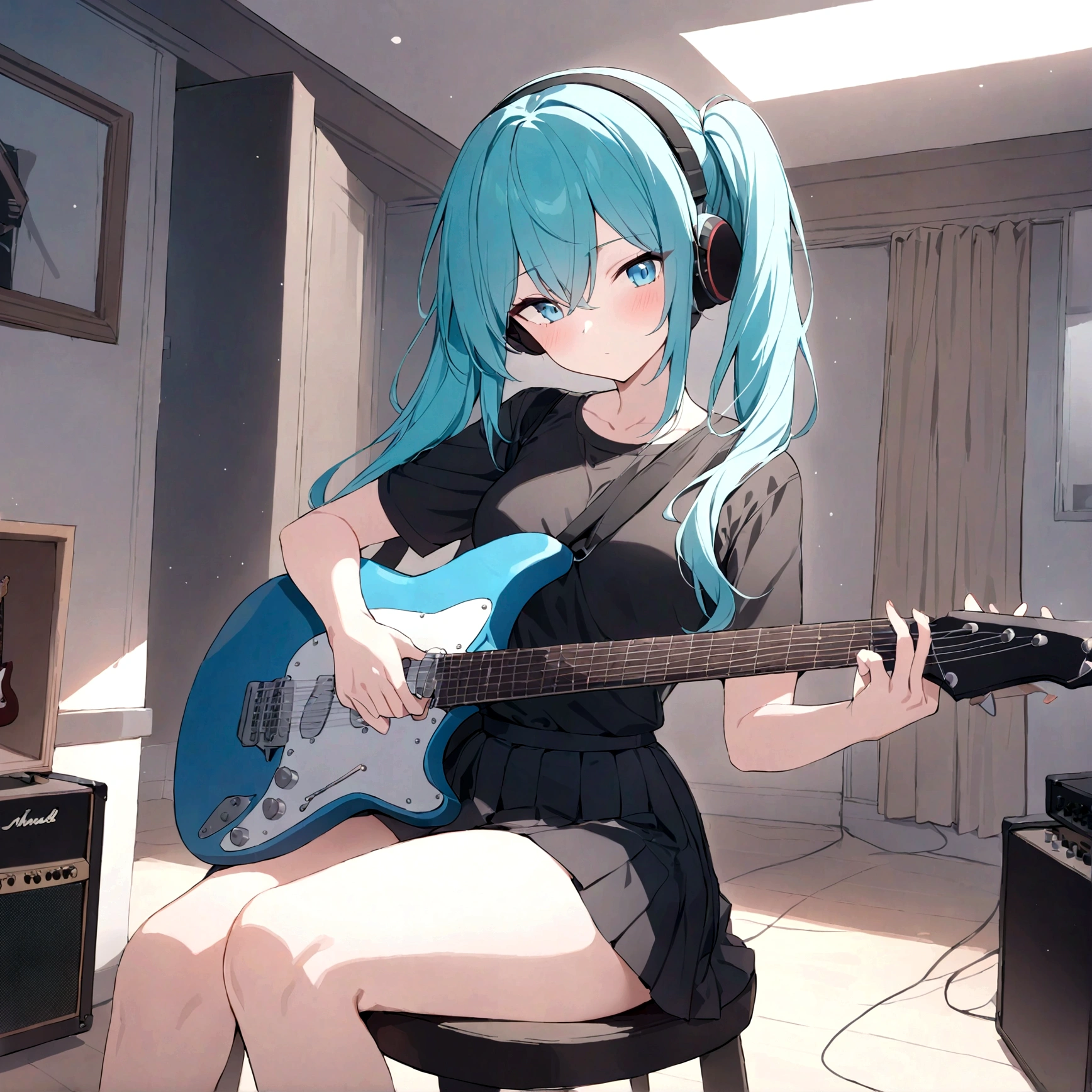 ((masterpiece, highest quality))One girl, alone, Black Dress, blue eyes, electric guitar, guitar, Headphones, Double Ponytail, Holding, Holding plectrum, musical instrument, Long Hair, music, One side up, Turquoise Hair, Twin tails, guitarを弾く, Pleated skirt, Black Shirt, interior