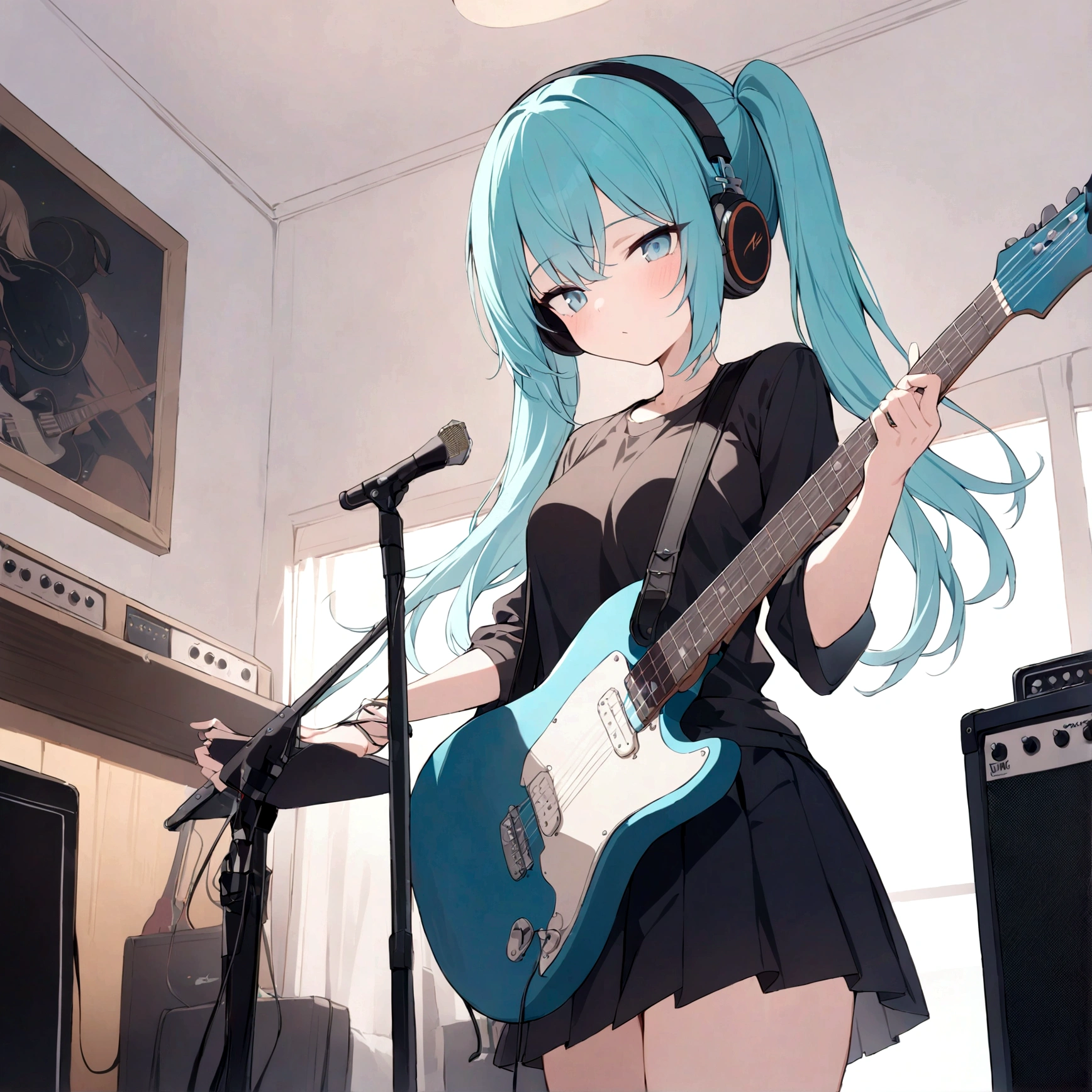 ((masterpiece, highest quality))One girl, alone, Black Dress, blue eyes, electric guitar, guitar, Headphones, Double Ponytail, Holding, Holding plectrum, musical instrument, Long Hair, music, One side up, Turquoise Hair, Twin tails, guitarを弾く, Pleated skirt, Black Shirt, interior