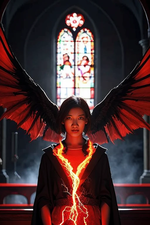 "Lilith with demonic wings and horns surrounded by fiery red light, In the dimly lit church、Surrounded by crackling lightning and swirling mist, Exudes an aura of darkness and mystery."