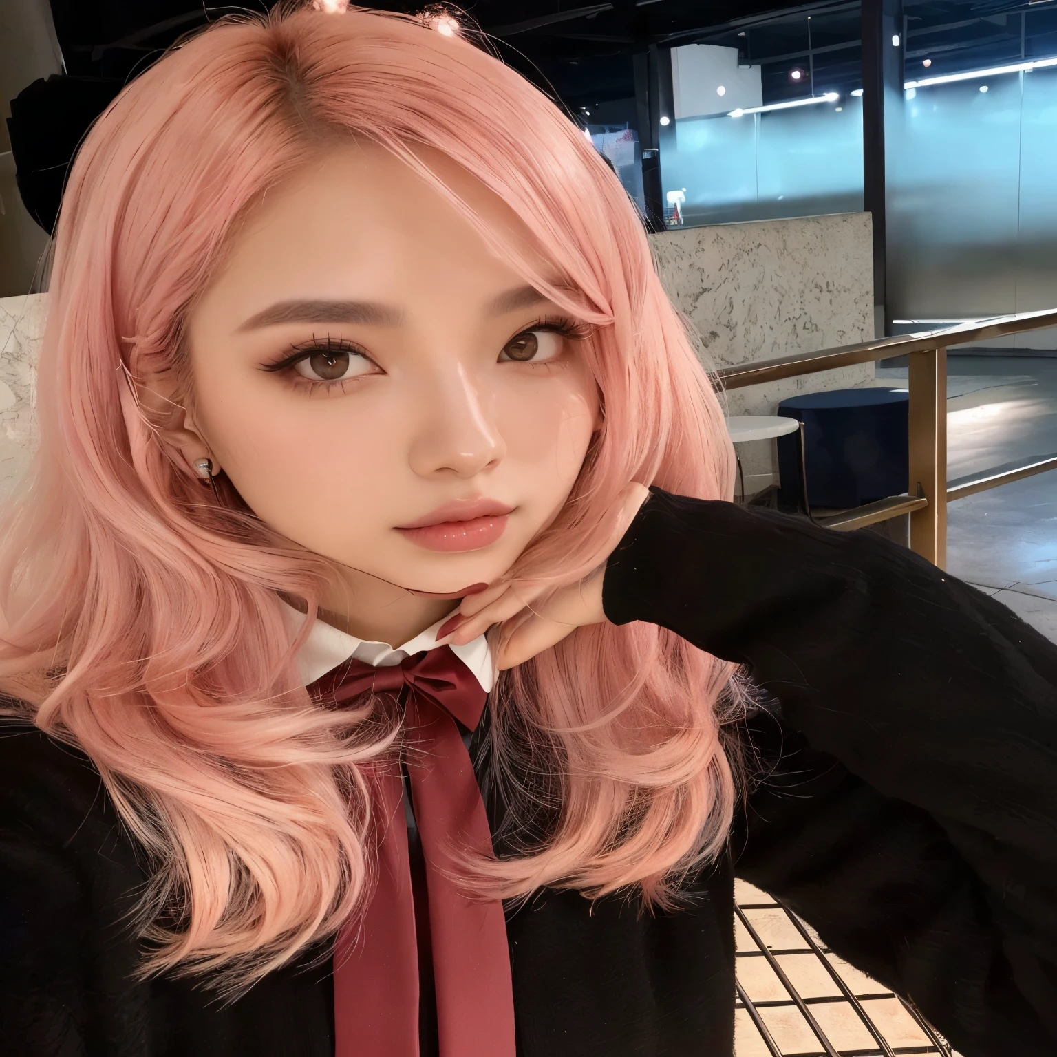 there is a woman con cabello rosado and a black shirt, con cabello rosado, ulzzang, parque roseanne de blackpink, cabello rosa claro, muchacha coreana, jossi de blackpink, maquillaje popular de corea del sur, pelo liso rosa, muchacha rosada, Cabello rosado y ojos cian., jaeyeon nam, cabello rosado que fluye, portrait of jossi de blackpink