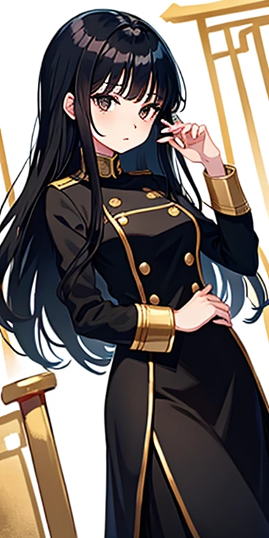 anime girl, all black uniform, gold buttons, long skirt, long black hair with bangs, black eyes, beautiful, small breasts, stoic, slender, calm, gold lines on skirt intricate, tori gate background