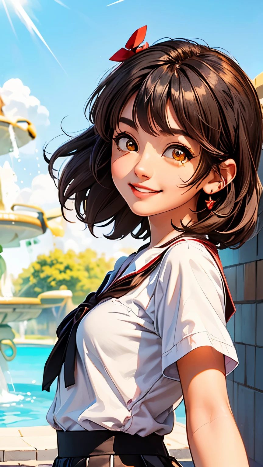 ((blue sky:1.5)),(cloud),((summer:2)),((Park fountain in the background)),((japanese High school uniform:1.2))、(Short sleeve white shirt:1.5),((Red ribbon on White shirt:1.5)),(RAW photo, best quality), (Beauty photography:1.3),(masterpiece),((DSLR)),50mm f1,6 Lenses、(4K),(lBackground blur:1.2), ((backlit:1.5)),((upper body)),(from front:2),((japanese,1girl)),((20-year-old female:1.2)) ((Brown eyes:2)),((Black hair:2)),(Shortcuts),(Show me your ears),standing, ((happy smile)),asymmetric_bangs,((small sized breasts)),((Checkered mini skirt:1.2))