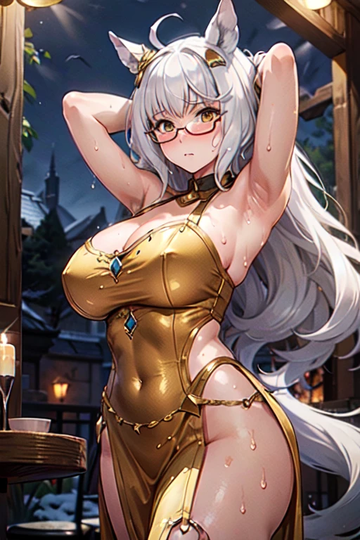 masterpiece, best quality, High resolution, Fine details, Realistic, solo, biwa hayahide \(umamusume\), under rim glasses, Adult Woman, ((arms behind head)), blush, curvy, Large breasts, ((Sweat)), (Oily skin), ((Golden Arabian Costume)), (Medieval Tavern), (((Night))), Frontal