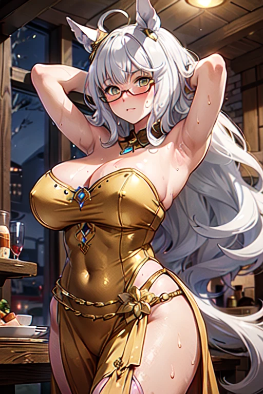 masterpiece, best quality, High resolution, Fine details, Realistic, solo, biwa hayahide \(umamusume\), under rim glasses, Adult Woman, ((arms behind head)), blush, curvy, Large breasts, ((Sweat)), (Oily skin), ((Golden Arabian Costume)), (Medieval Tavern), (((Night))), Frontal