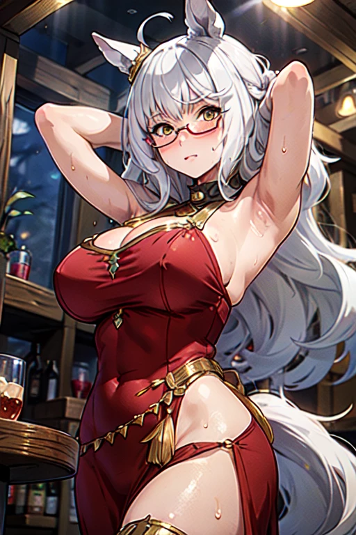 masterpiece, best quality, High resolution, Fine details, Realistic, solo, biwa hayahide \(umamusume\), under rim glasses, Adult Woman, ((arms behind head)), blush, curvy, Large breasts, ((Sweat)), (Oily skin), ((Golden Arabian Costume)), (Medieval Tavern), (((Night))), Frontal