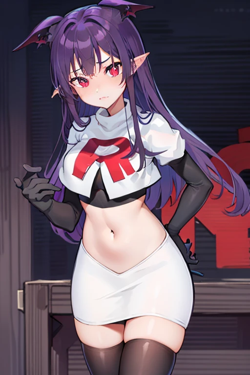 masterpiece, hd, 1girl, mythia, purple long hair, bat ears, red eye, team rocket,team rocket uniform,white skirt,red letter R,crop top,black thigh-highs,black elbow gloves