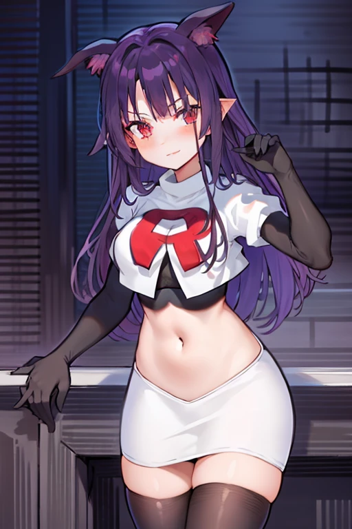 masterpiece, hd, 1girl, mythia, purple long hair, bat ears, red eye, team rocket,team rocket uniform,white skirt,red letter R,crop top,black thigh-highs,black elbow gloves
