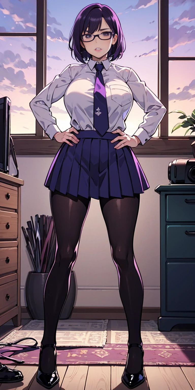 (high quality:1.1), cinemating lighting, extremely detailed,
Natsume, standing, hands on hips,
determined, clenched teeth,
purple hair, black hair, short hair, lips, purple eyes, glasses,
uniform, necktie, white shirt, skirt, pantyhose, shoes, 
large breasts, thighs, 
messy room, window, sky,