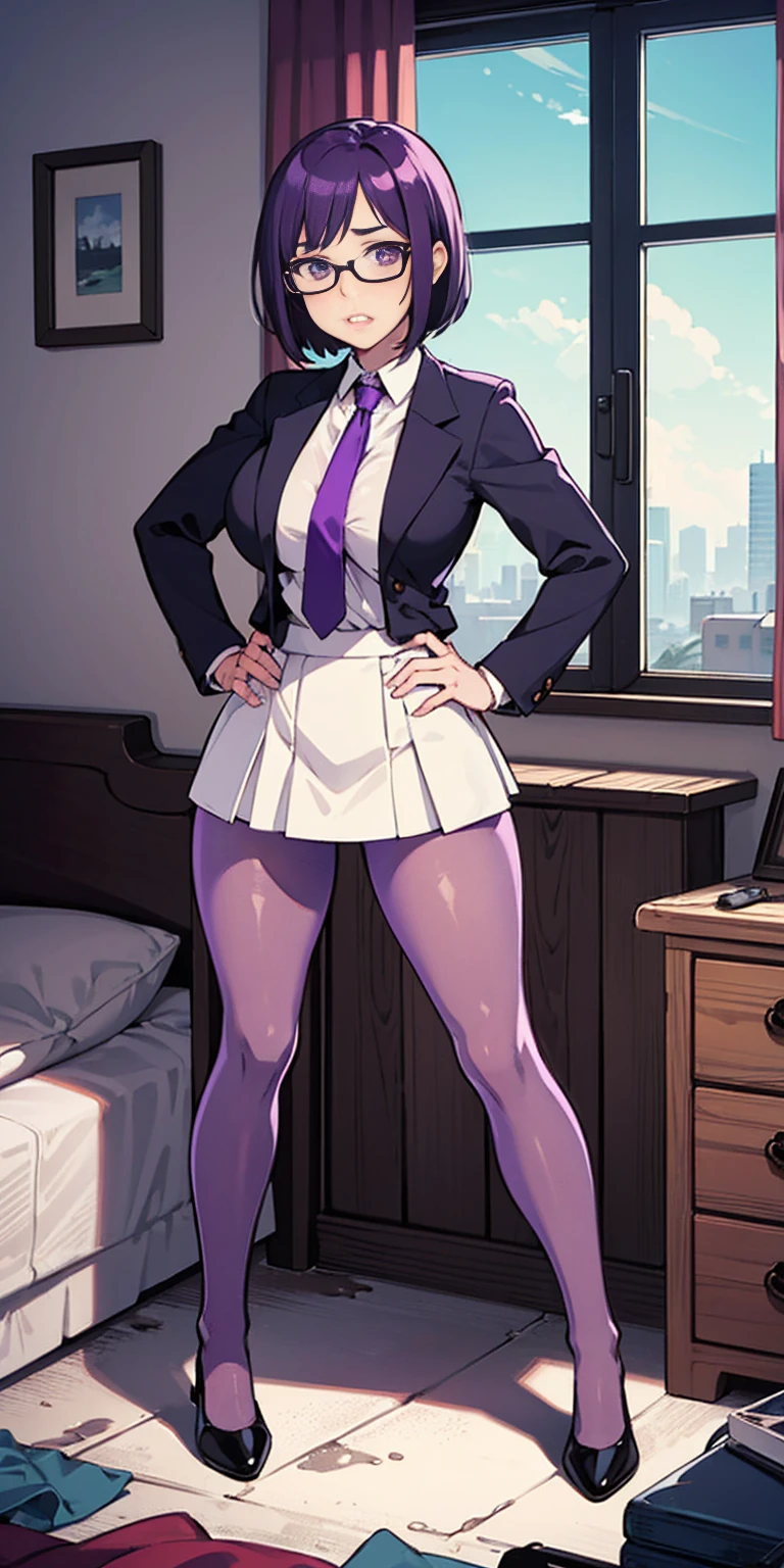 (high quality:1.1), cinemating lighting, extremely detailed,
Natsume, standing, hands on hips,
determined, clenched teeth,
purple hair, black hair, short hair, lips, purple eyes, glasses,
uniform, necktie, white shirt, skirt, pantyhose, shoes, 
large breasts, thighs, 
messy room, window, sky,