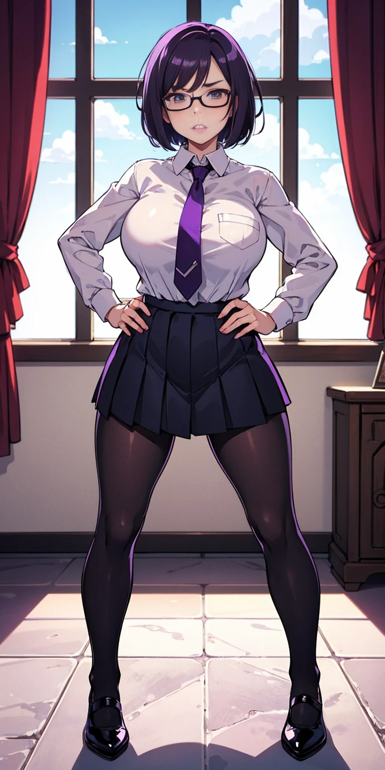 (high quality:1.1), cinemating lighting, extremely detailed,
Natsume, standing, hands on hips,
determined, clenched teeth,
purple hair, black hair, short hair, lips, purple eyes, glasses,
uniform, necktie, white shirt, skirt, pantyhose, shoes, 
large breasts, thighs, 
messy room, window, sky,