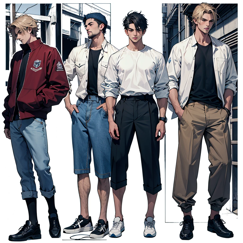 Chico anime ,cabello rubio ,piel blanca,altura alta,cuerpo musculoso,camisa de color azul, pantalones color marron