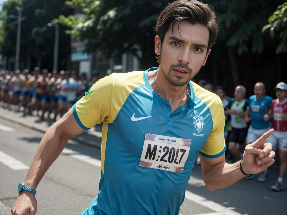 Quero um homem brasileiro Bonito de 30 anos correndo numa maratona com blusa azul. De 30 anos