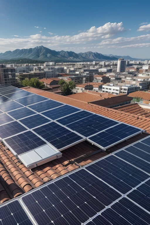 crea una imagen de ciudad del principio, now with electric cars and solar panels on the roofs