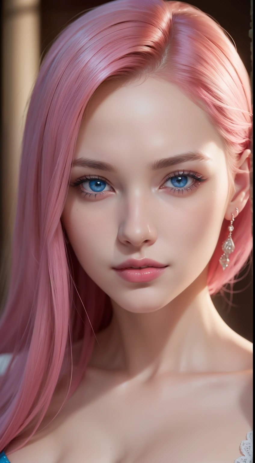 best quality, ultra high res, (photorealistic:1.4), (detailed beautiful girl:1.4), (medium breasts:0.8), looking_at_viewer, Detailed facial details, beautiful detailed eyes,pink hair, blue eyes, slender, haunting smile, (makeup:0.3), red lips, highly detai...