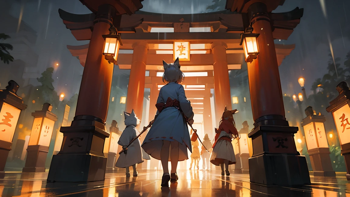 (masterpiece, best quality) detailed, Vision ,Five foxes walking down the street holding lantern handles in their mouths,line up,lantern glow,,Fushimi Inari Taisha Shrine is great on a rainy day mystery wonderland, Colorful, 最detailed