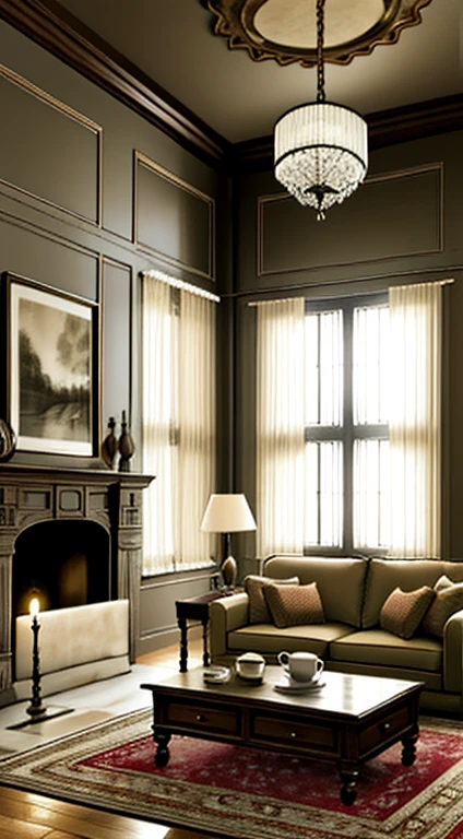 fotografia, sofa, tea table, ( Sala de estar), Cortinas, Hanging Lamp, decorations, Tapetes, lareira,Branco,Versalhes