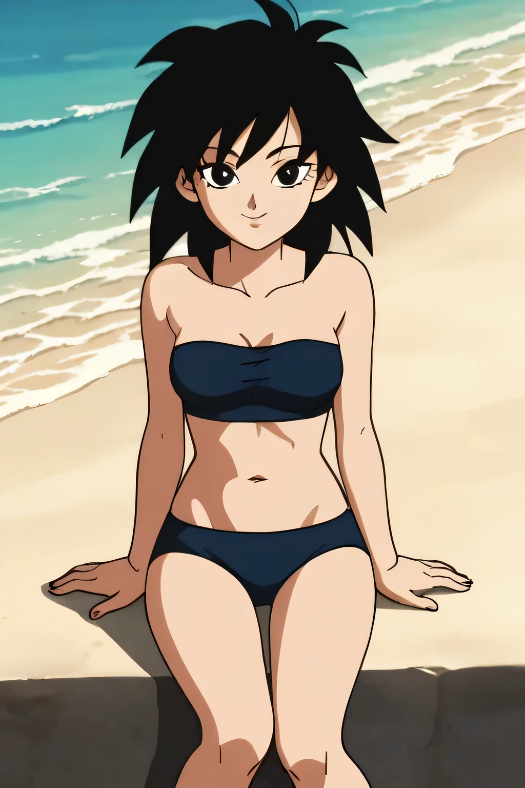 source_anime, score_9,score_8_up, score_7_up, ginedb, anime screencap, 1girl, solo, looking at viewer, smile, medium breasts, black hair, beach, ocean, bare shoulders, medium breasts, smile, arms at sides, cowboy shot, medium hair, black eyes, spiked hair, eyelashes, masterpiece, best quality, very aesthetic, absurdres, black bikins, strapless tube top, black panty, midriff, blue skies, sitting down on her knees, cowboy shot,