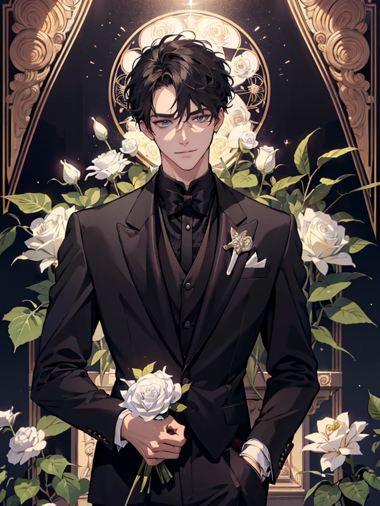 (absurdres, highres, ultra detailed), 1 male, solo, adult, handsome, finely detailed eyes and detailed face, groom, wearing black tuxedo, holding one white roses, the lovers \tarot\, Symbolism, Visual art, Occult, Universal, Vision casting, Philosophical, Iconography, Numerology, Popularity, Artistic, Alphonse Mucha, short hair, smile, happy